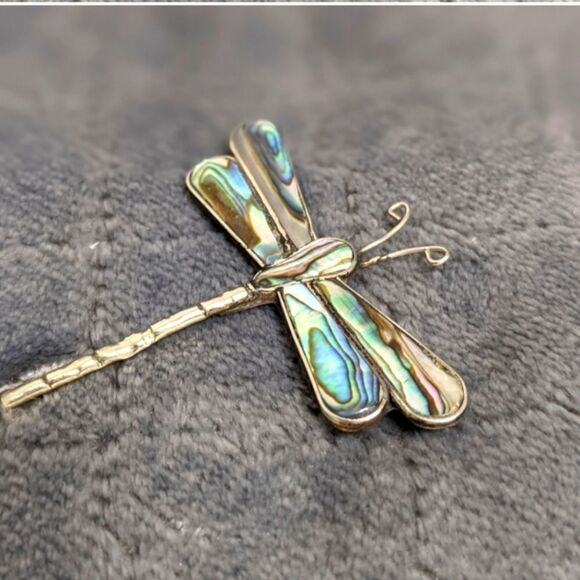 Vintage 80's Sterling Silver and Abalone Dragonfly Brooche - Picture 4 of 8